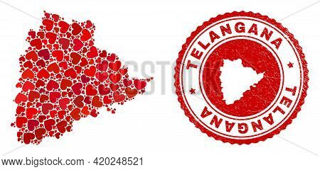 Mosaic Telangana State Map Composed With Red Love Hearts, And Rubber Stamp. Vector Lovely Round Red 