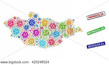 Vector Bacterium Collage Mongolia Map, And Grunge Mongolia Seal Stamps. Vector Vibrant Mongolia Map 