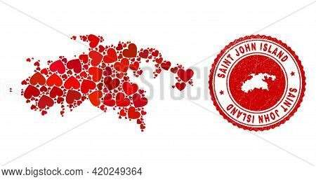 Collage Saint John Island Map Formed With Red Love Hearts, And Corroded Seal Stamp. Vector Lovely Ro