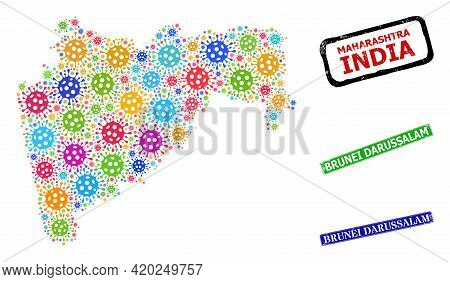 Vector Virus Mosaic Maharashtra State Map, And Grunge Brunei Darussalam Seals. Vector Colored Mahara