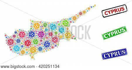 Vector Coronavirus Collage Cyprus Map, And Grunge Cyprus Stamps. Vector Colored Cyprus Map Collage, 