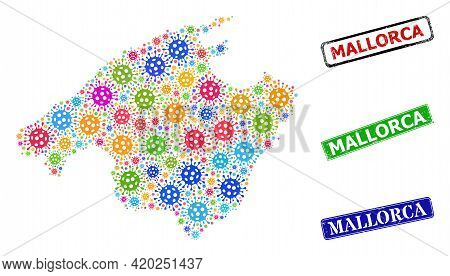 Vector Virulent Mosaic Mallorca Map, And Grunge Mallorca Seals. Vector Multi-colored Mallorca Map Mo