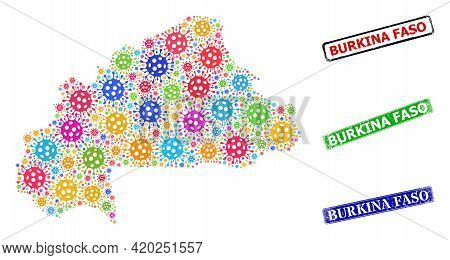 Vector Cell Collage Burkina Faso Map, And Grunge Burkina Faso Seal Stamps. Vector Colorful Burkina F