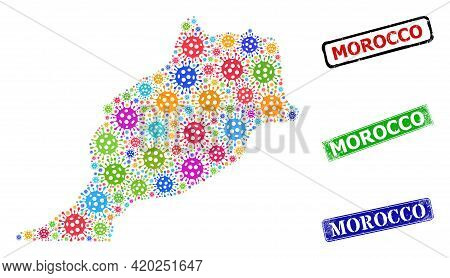 Vector Viral Mosaic Morocco Map, And Grunge Morocco Seals. Vector Colored Morocco Map Mosaic, And Mo