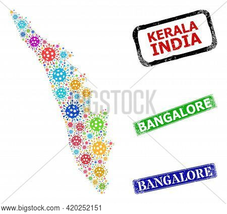 Vector Covid Mosaic Kerala State Map, And Grunge Bangalore Seals. Vector Multi-colored Kerala State 