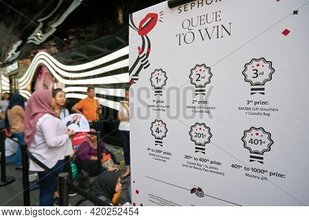 KUALA LUMPUR, MALAYSIA - JANUARY 18, 2020: information about gifts on Sephora grand opening day at Fahrenheit 88 shopping mall in Kuala Lumpur.