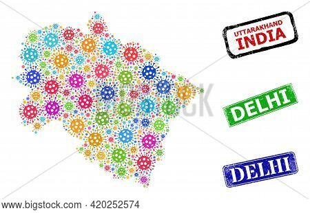 Vector Contagious Collage Uttarakhand State Map, And Grunge Delhi Badges. Vector Multi-colored Uttar