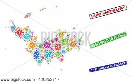 Vector Contagious Collage Saint Barthelemy Map, And Grunge Assembled In France Stamps. Vector Multi-