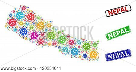 Vector Covid-2019 Collage Nepal Map, And Grunge Nepal Seals. Vector Colorful Nepal Map Mosaic, And N