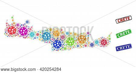 Vector Infection Collage Crete Map, And Grunge Crete Seal Stamps. Vector Colored Crete Map Collage, 
