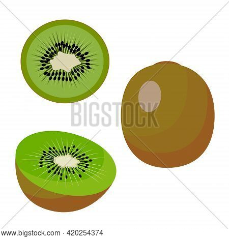 Kiwi, Whole Round Green Kiwi, Half And A Slice Of Kiwi. Vector Isolated On A White Background