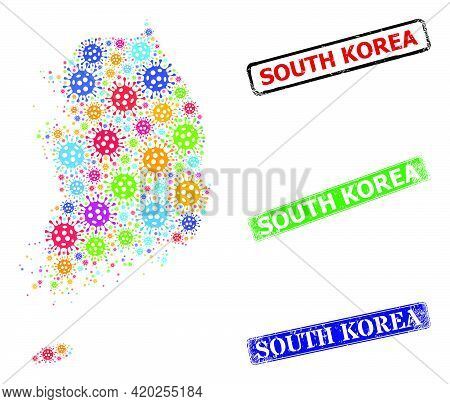Vector Covid Collage South Korea Map, And Grunge South Korea Stamps. Vector Colored South Korea Map 