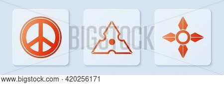 Set Japanese Ninja Shuriken, Peace And Japanese Ninja Shuriken. White Square Button. Vector