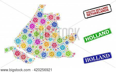 Vector Coronavirus Collage South Holland Map, And Grunge Holland Seal Stamps. Vector Colored South H
