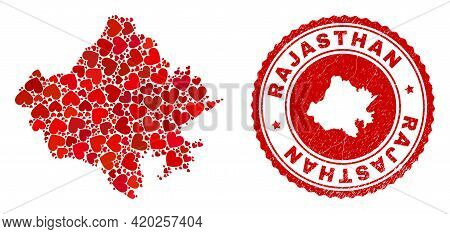 Collage Rajasthan State Map Created With Red Love Hearts, And Rubber Stamp. Vector Lovely Round Red 
