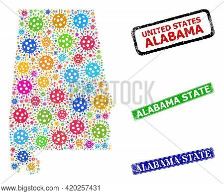 Vector Coronavirus Mosaic Alabama State Map, And Grunge Alabama State Seal Stamps. Vector Multi-colo