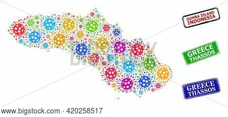 Vector Contagious Mosaic Sumba Island Map, And Grunge Greece Thassos Seals. Vector Vibrant Sumba Isl