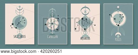 Abstract Art With Zodiac Celestial Sign And Constellation. Sagittarius Archer, Capricornus Goat, Aqu