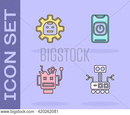 Set Robot, , Broken Robot And Turn Off From Phone Icon. Vector