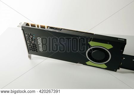 Paris, France - Aug 23, 2017: View From Above Of New Professional Nvidia Quadro P400 Gpu Video Card
