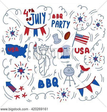 Happy Us Independence Day Background. The National Holiday Is July 4. A Pattern With The Symbols Of 