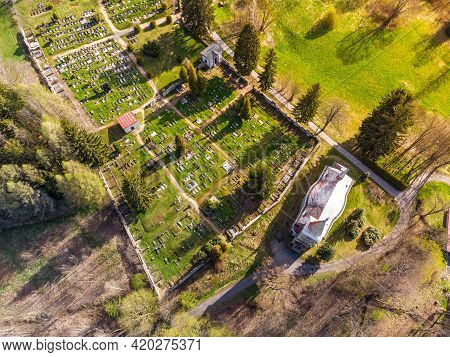Church Of Saint Peter And Paul In Horni Tanvald, Czech Republic . Aerial View From Drone.