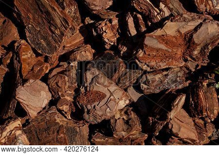 Crushed Tree Bark Texture Background Closeup. Shredded Brown Tree Bark For Decoration And Mulching O