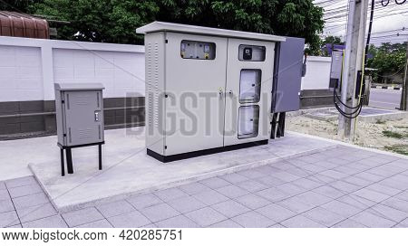 Standalone Electrical Switchboard For Small Business, Main Substation With Breaker And Power Button 