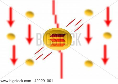 Solana Fall. Red Arrow Down With Gaussian Blur Effect Background. Solana Sol Market Crash. Red Chart