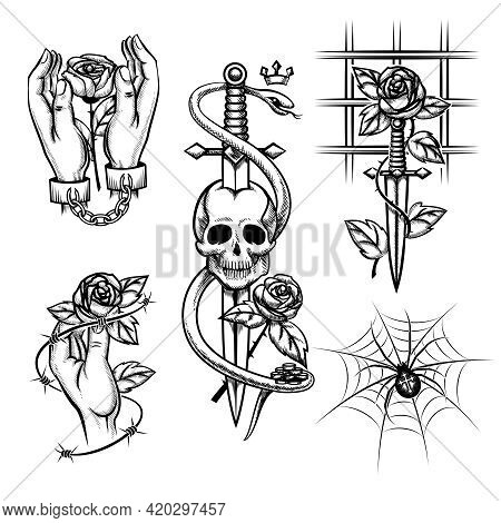 Criminal Tattoo. Rose In The Hands Of A Knife Behind Bars, Spider And Skull. Handcuffed And Cage, Wi