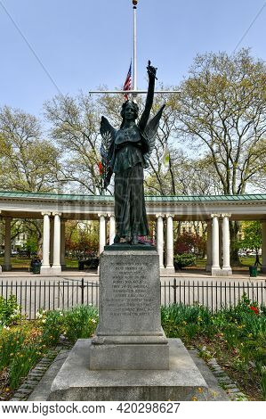 Brooklyn, New York - Apr 24, 2021: Wwi Bronze Victory Memorial And Shelter Pavilion At Monsignor Mcg