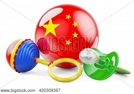 Birth Rate And Parenting In China Concept. Baby Pacifier And Baby Rattle With Chinese Flag, 3d Rende