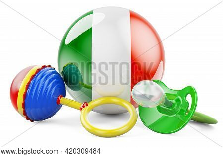 Birth Rate And Parenting In Ireland Concept. Baby Pacifier And Baby Rattle With Irish Flag, 3d Rende