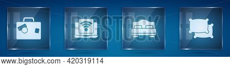 Set Suitcase, Wireless Laptop, Hotel Room Bed And Pillow. Square Glass Panels. Vector