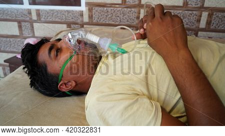 Concept Outside Hospital Quarantine, Prevention Covid-19 Or Coronavirus Outbreak Situation. Man Suff