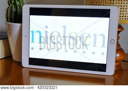 May 2021 Milan, Italy: Nielsen Company Logo Icon Close-up On Tablet Display. Nielsen Brand