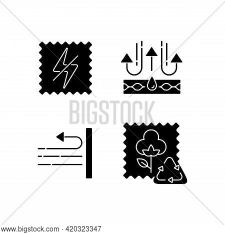 Different Fabric Features Black Glyph Icons Set On White Space. Antistatic Textile. Membrane And Win