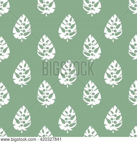 White Monstera Leaves On Jade - Natural Colors Floral Seamless Pattern Vector. Funny Neutral Colors 