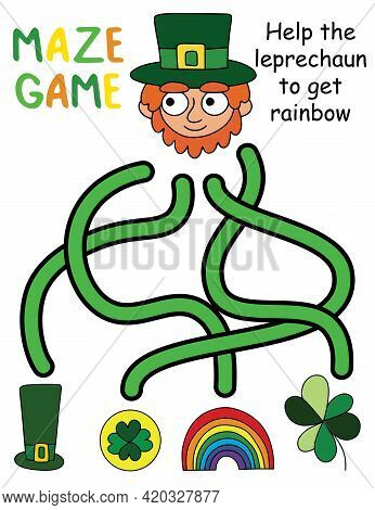 Help The Leprechaun To Get Rainbow - Maze Game Stock Vector Illustration. Funny Educational Puzzle W