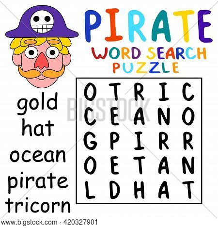 Cartoon Colorful Pirate Word Search Puzzle Stock Vector Illustration. Educational Word Game For Chil