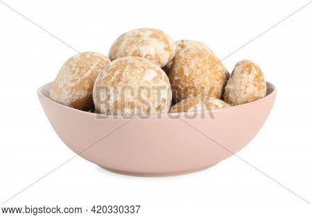 Tasty Homemade Gingerbread Cookies In Bowl On White Background