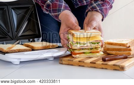 Sandwich Toaster Toast Bread Slice Hand Fry Hold Biscuit Cheese Morning