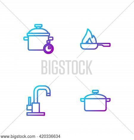 Set Line Cooking Pot, Water Tap, And Frying Pan. Gradient Color Icons. Vector