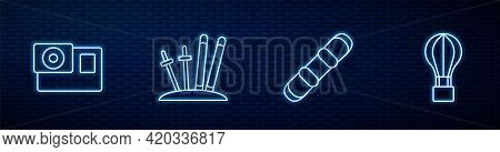 Set Line Snowboard, Action Camera, Ski And Sticks And Hot Air Balloon. Glowing Neon Icon On Brick Wa