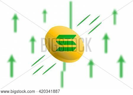 Solana Coin Up. Green Arrow Up With Gaussian Blur Effect Background. Solana Market Price Soaring. Gr