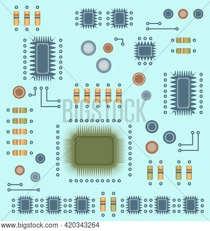 Abstract Electronic Circuit Board. Microprocessor, Microcircuits And Other Electronic Components Are