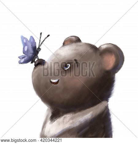 Cute Little Plush Bear With Ladybird On The Nose, Lovely Clipart, Hand Darwn Illustration With Carto