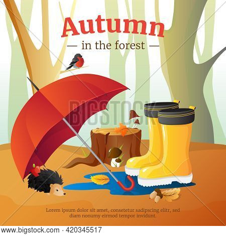 Autumn In Forest Poster With Red Umbrella Wellingtons And Hedgehog With Trees Trunks Background Cart