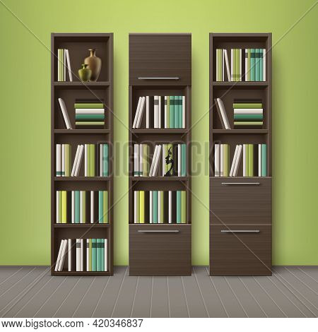 Vector Brown Wooden Bookcases, Full Of Different Books And Decorations, Standing On Floor With Green