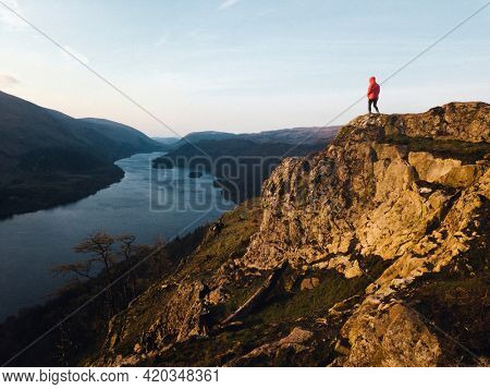 Drone shot of Raven Crag and Thirlmere reservoir at the Lake District in England